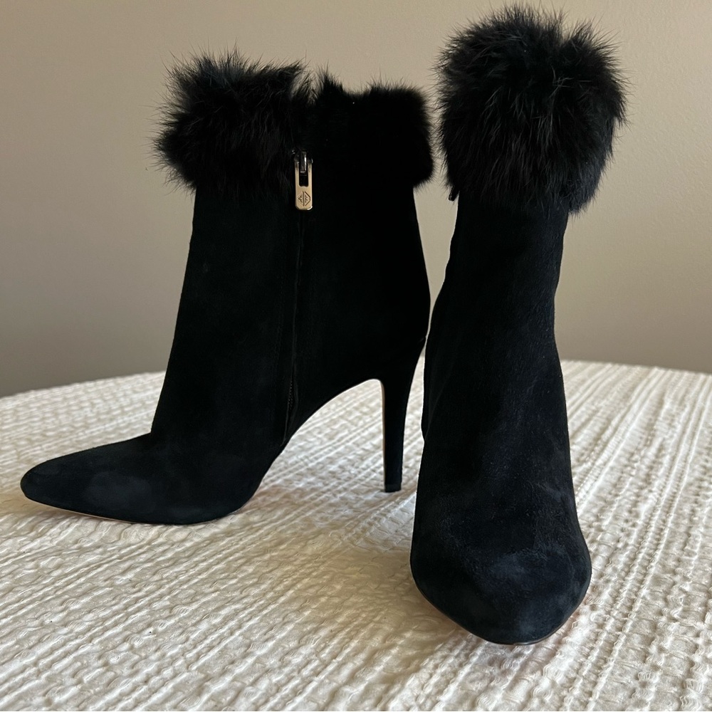 ANTONIO MELANI Black Suede Boots with Rabbit Fur Trim, Size 8.5
